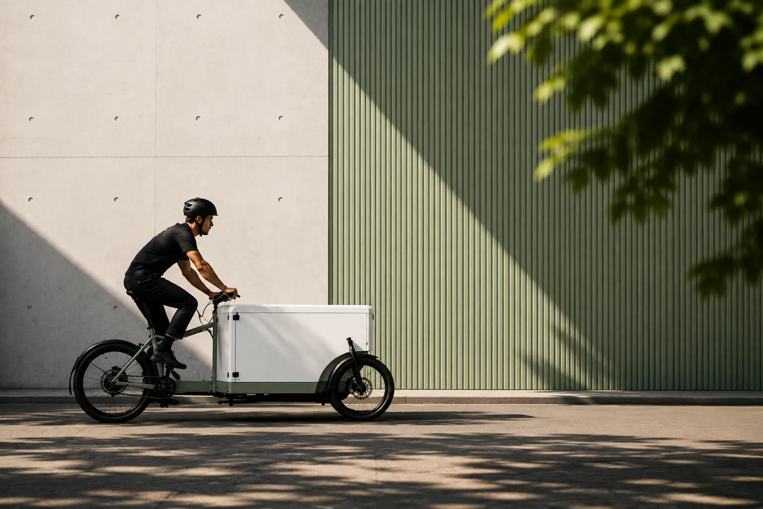 Ciclista con bici cargo lungo una parete metallica, tra luce e ombre nette