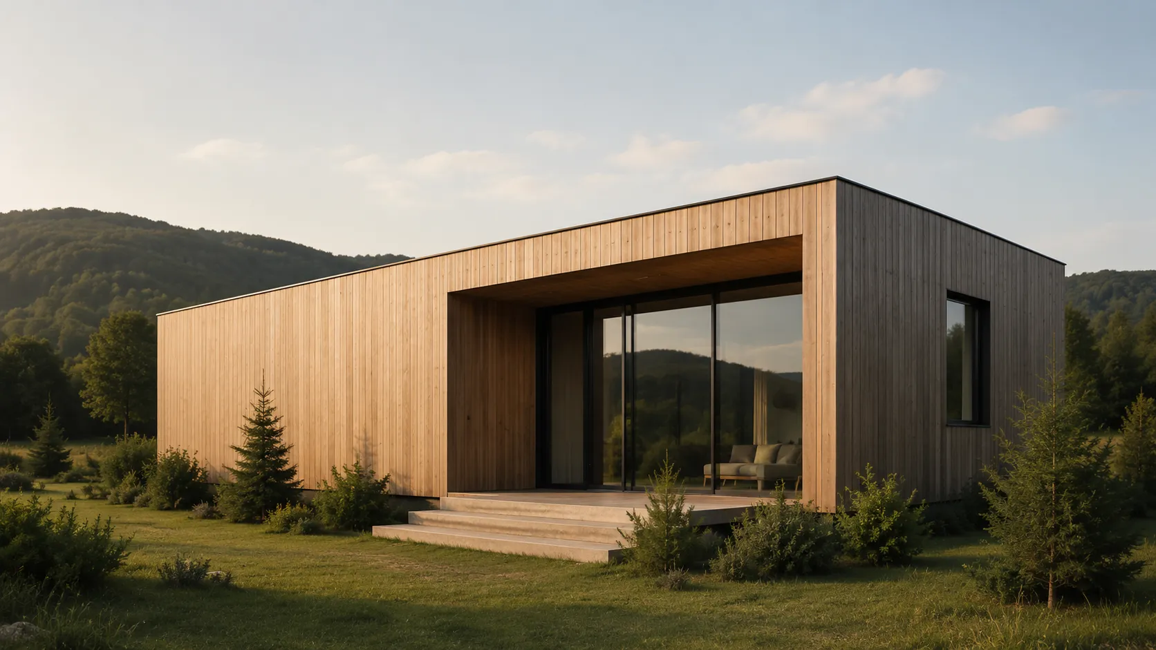 Casa dalla facciata in legno chiaro immersa tra le colline boscose