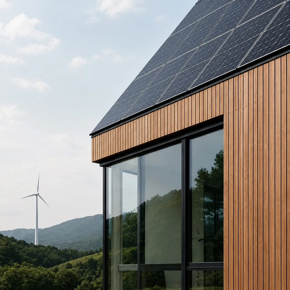 Edificio con facciata in listelli di legno chiaro e tetto interamente coperto di pannelli fotovoltaici; sullo sfondo colline boscose e una turbina eolica